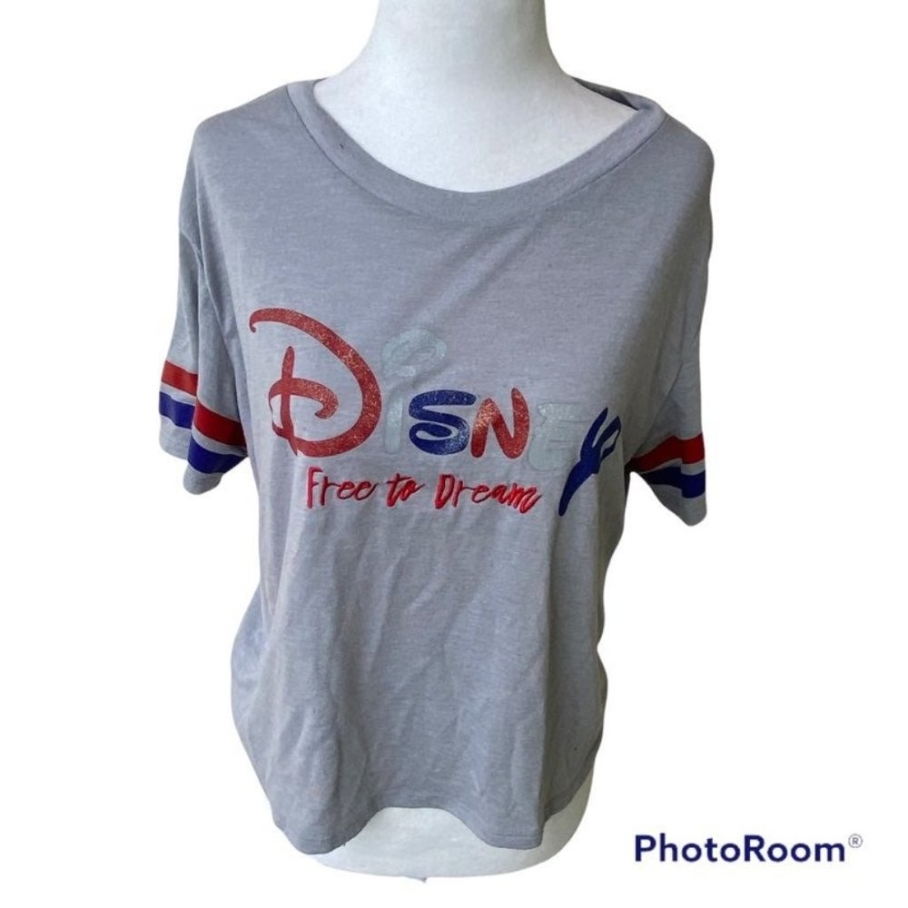 Disney Free to Dream Juniors Size XL 15 17 Gray Graphic Cropped Top T-Shirt Tee
